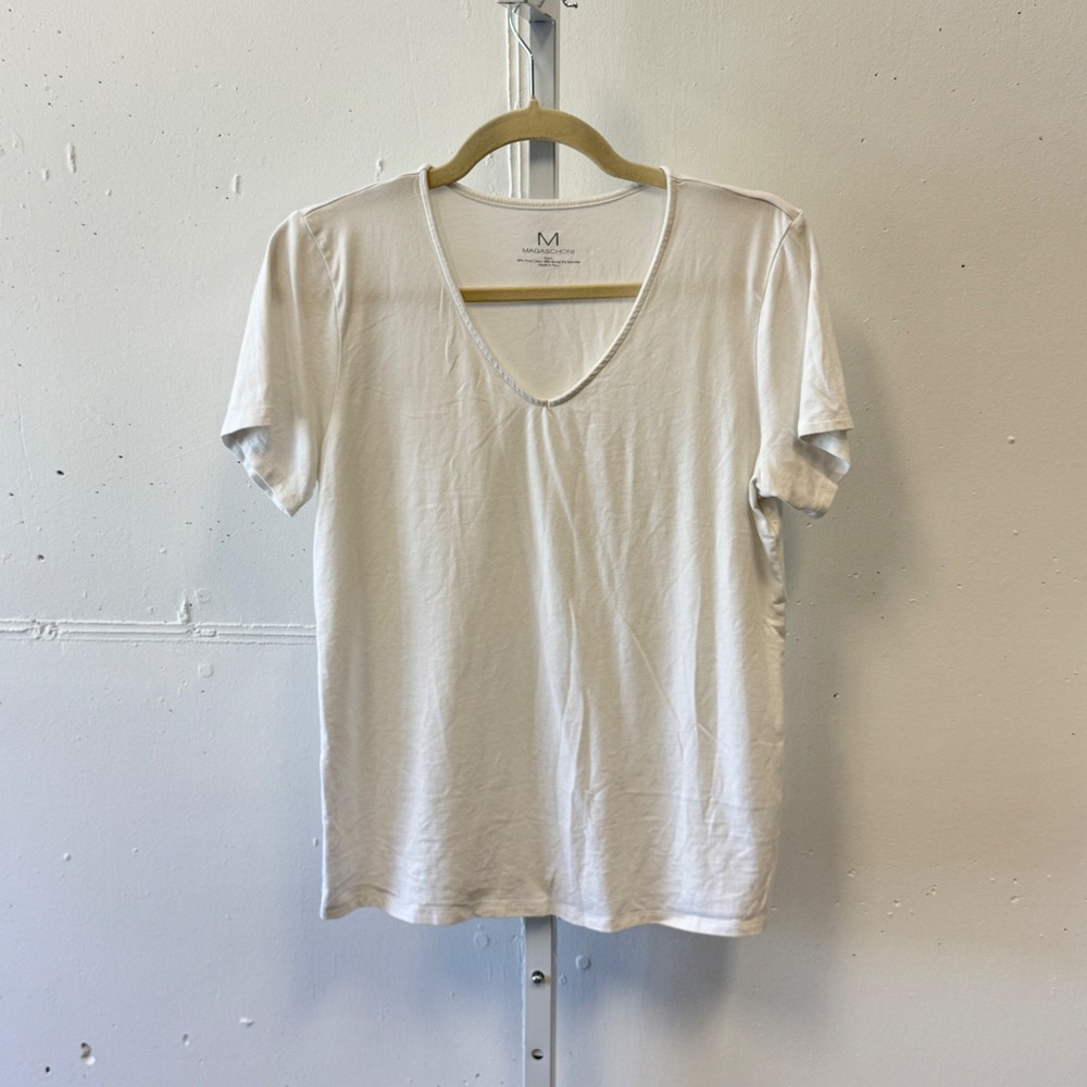 Magaschoni White V-Neck Pima Cotton Modal Blend‎ Short Sleeve T-Shirt Womens Lg